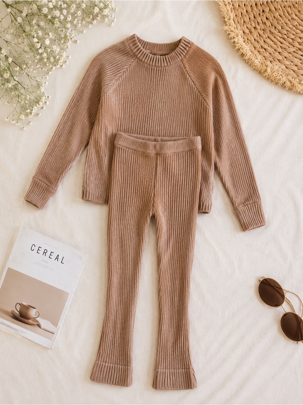 Zara Kids Ribbed Matching Set in Light Brown